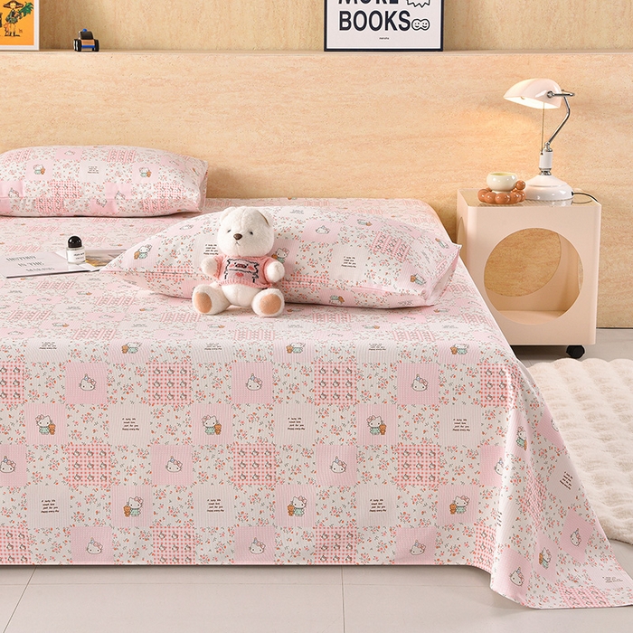 91家纺网 家纺一手货源 找家纺 德比尔斯  2026新款原棉老粗布凉席印花床单三件套 粉色猫