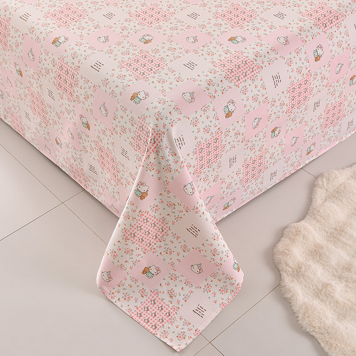 91家纺网 家纺一手货源 找家纺 德比尔斯  2026新款原棉老粗布凉席印花床单三件套 粉色猫