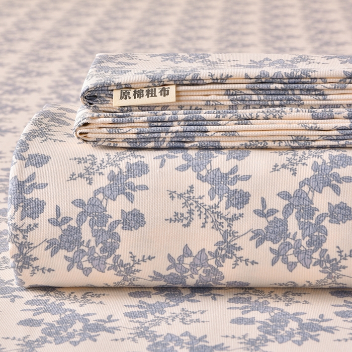 德比尔斯  2026新款原棉老粗布凉席印花床单三件套 蓝莲花
