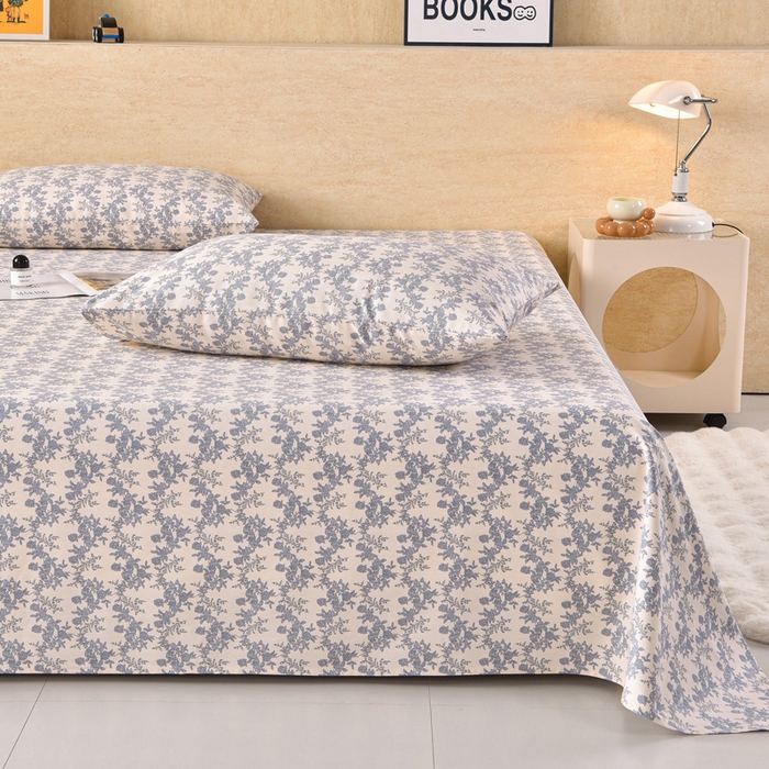 91家纺网 家纺一手货源 找家纺 德比尔斯  2026新款原棉老粗布凉席印花床单三件套 蓝莲花