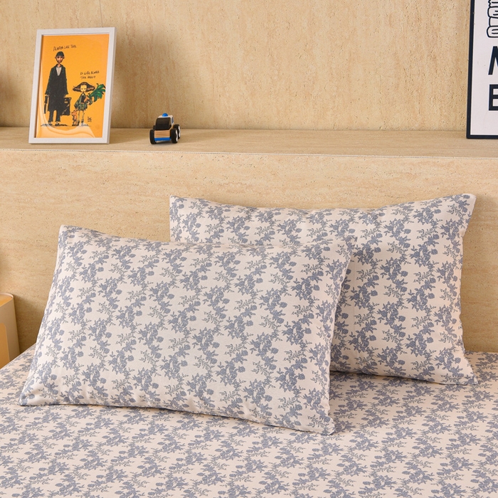 91家纺网 家纺一手货源 找家纺 德比尔斯  2026新款原棉老粗布凉席印花床单三件套 蓝莲花