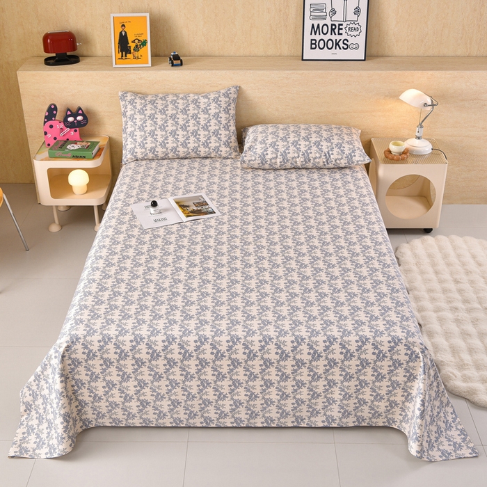 91家纺网 家纺一手货源 找家纺 德比尔斯  2026新款原棉老粗布凉席印花床单三件套 蓝莲花