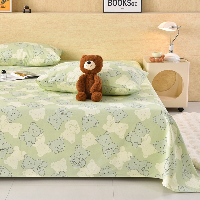 91家纺网 家纺一手货源 找家纺 德比尔斯  2026新款原棉老粗布凉席印花床单三件套 萌熊