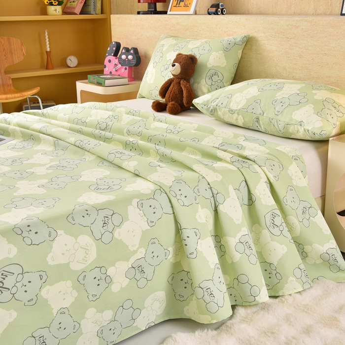 91家纺网 家纺一手货源 找家纺 德比尔斯  2026新款原棉老粗布凉席印花床单三件套 萌熊