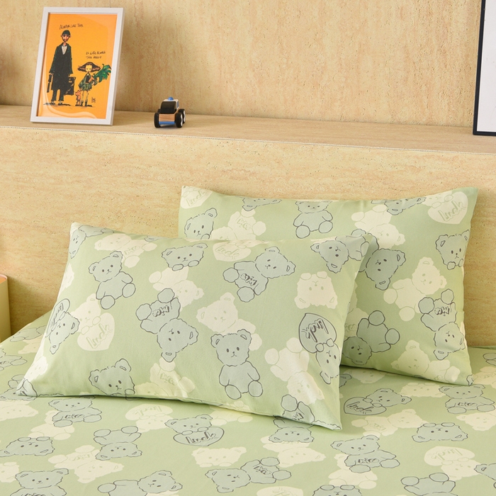 91家纺网 家纺一手货源 找家纺 德比尔斯  2026新款原棉老粗布凉席印花床单三件套 萌熊