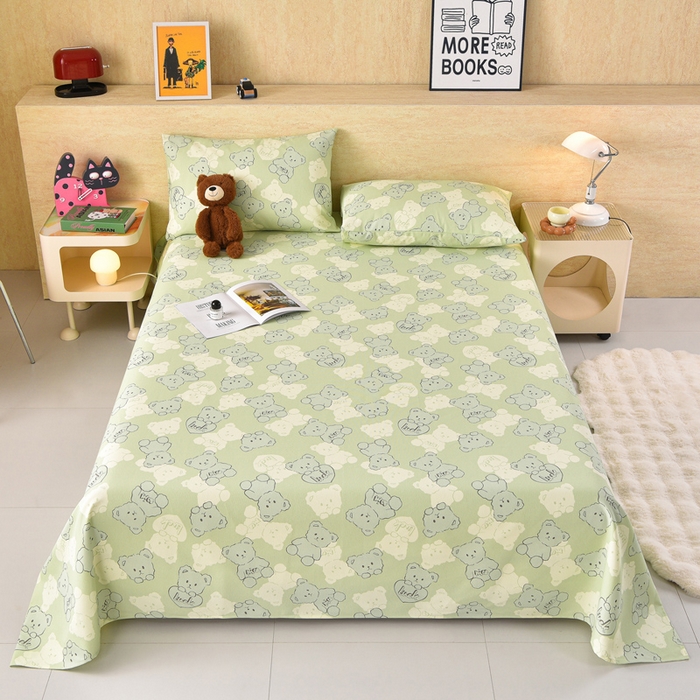 91家纺网 家纺一手货源 找家纺 德比尔斯  2026新款原棉老粗布凉席印花床单三件套 萌熊