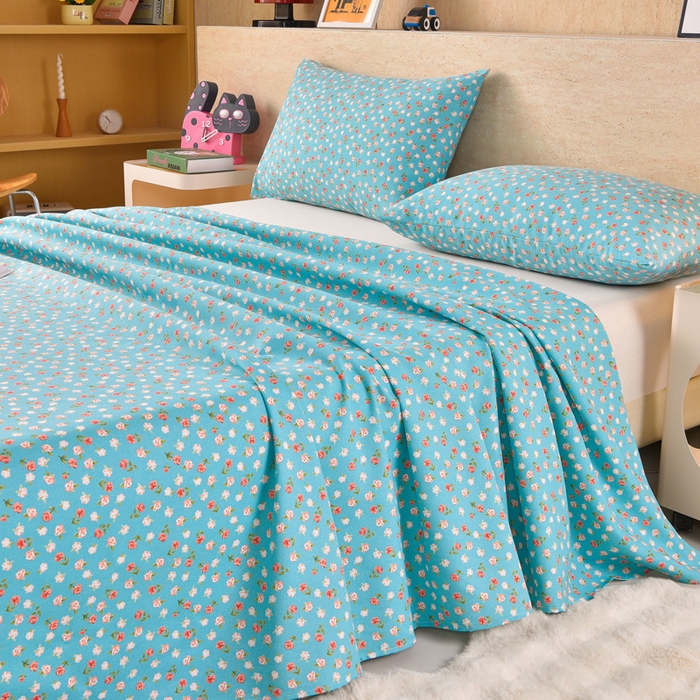 91家纺网 家纺一手货源 找家纺 德比尔斯  2026新款原棉老粗布凉席印花床单三件套 相遇-蓝