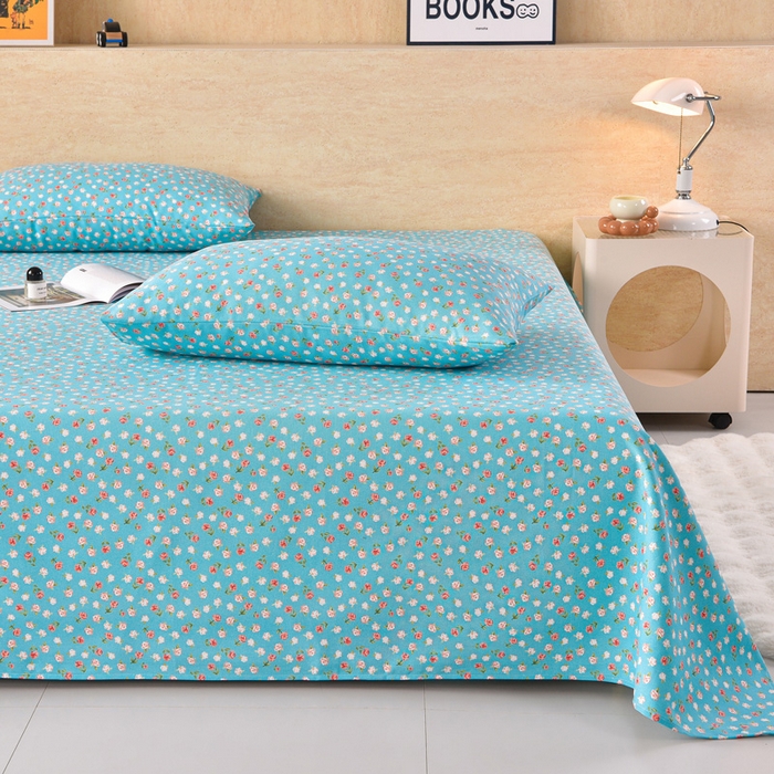 91家纺网 家纺一手货源 找家纺 德比尔斯  2026新款原棉老粗布凉席印花床单三件套 相遇-蓝