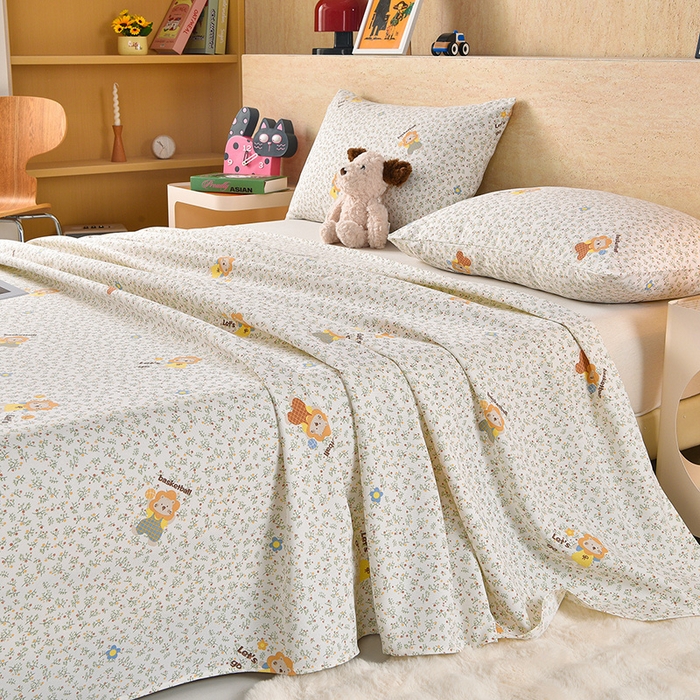 91家纺网 家纺一手货源 找家纺 德比尔斯  2026新款原棉老粗布凉席印花床单三件套 小狮子