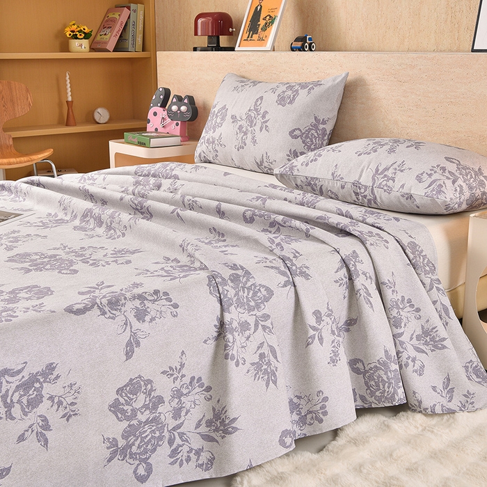 91家纺网 家纺一手货源 找家纺 德比尔斯  2026新款原棉老粗布凉席印花床单三件套 紫嫣