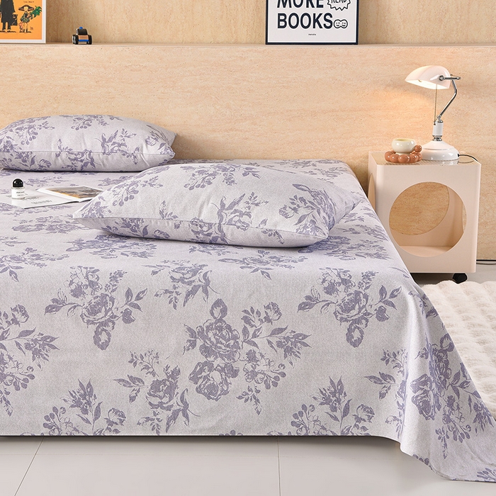 91家纺网 家纺一手货源 找家纺 德比尔斯  2026新款原棉老粗布凉席印花床单三件套 紫嫣