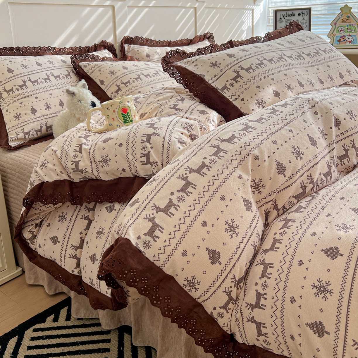 91家纺网 家纺一手货源 找家纺 （总）富米莱（原臻工厂） 2026新款高克重爆款法式全棉纯棉花边四季款加厚色织提花床盖床裙四件套