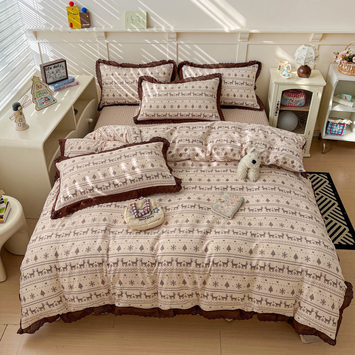 91家纺网 家纺一手货源 找家纺 富米莱（原臻工厂） 2026新款高克重爆款法式全棉纯棉花边四季款加厚色织提花床盖床裙四件套 提花-北欧童话