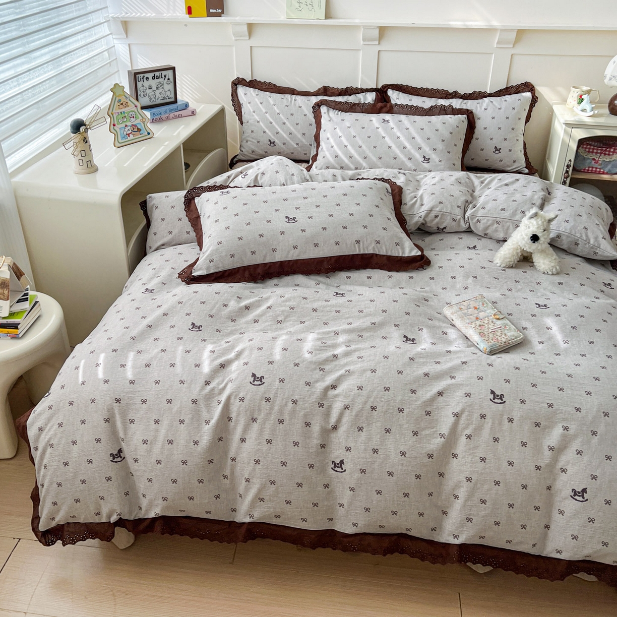 91家纺网 家纺一手货源 找家纺 富米莱（原臻工厂） 2026新款高克重爆款法式全棉纯棉花边四季款加厚色织提花床盖床裙四件套 提花-摇摇马