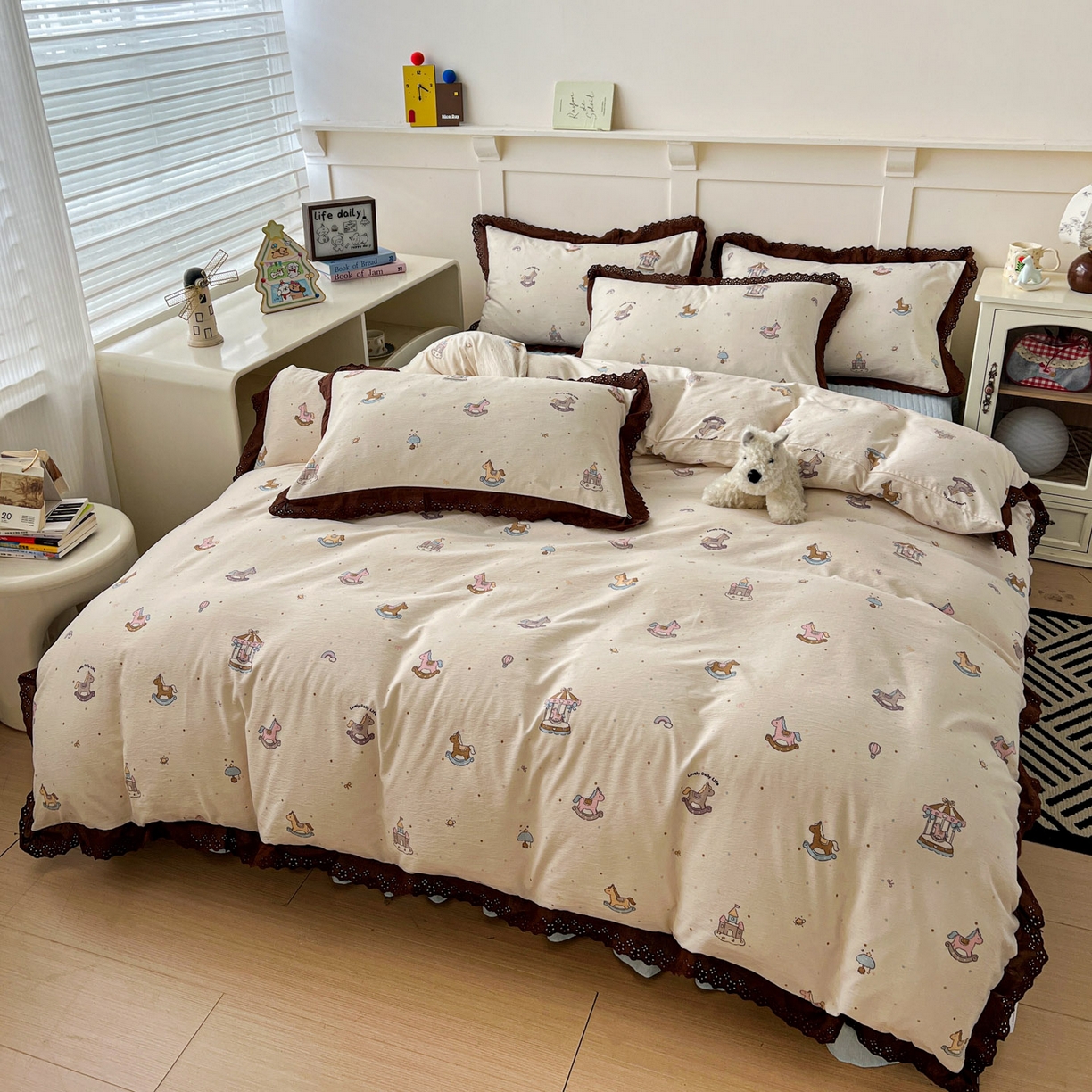 91家纺网 家纺一手货源 找家纺 富米莱（原臻工厂） 2026新款高克重爆款法式全棉纯棉花边四季款加厚色织提花床盖床裙四件套 提花-童梦园