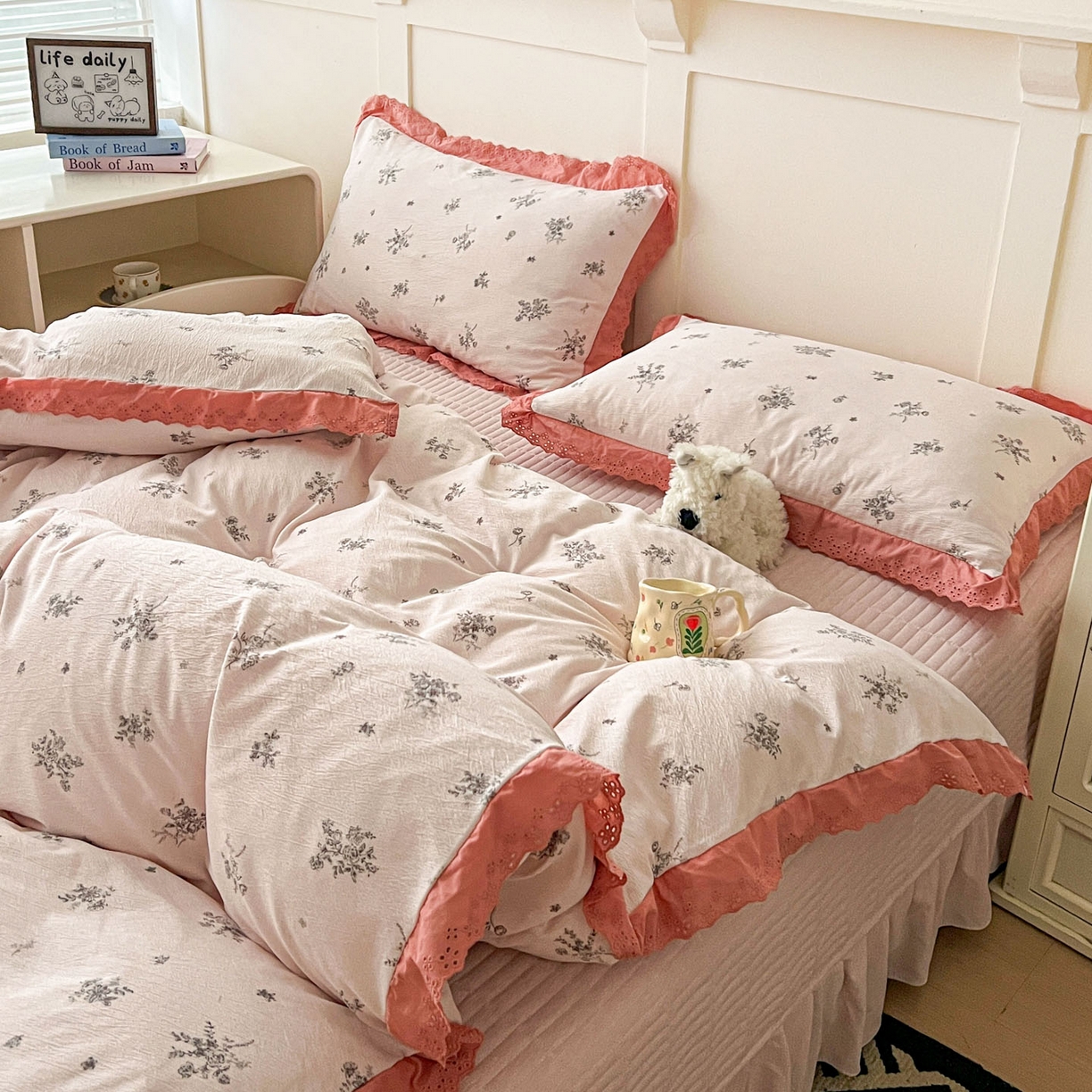 91家纺网 家纺一手货源 找家纺 富米莱（原臻工厂） 2026新款高克重爆款法式全棉纯棉花边四季款加厚色织提花床盖床裙四件套 提花-南法假日