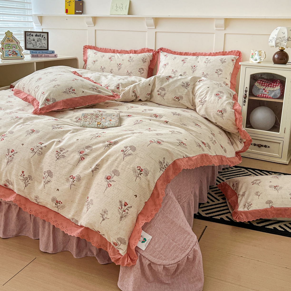 91家纺网 家纺一手货源 找家纺 富米莱（原臻工厂） 2026新款高克重爆款法式全棉纯棉花边四季款加厚色织提花床盖床裙四件套 提花-野蔷薇