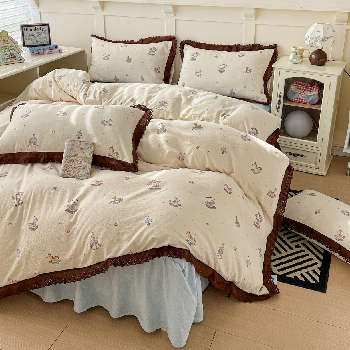 富米莱（原臻工厂） 2026新款高克重爆款法式全棉纯棉花边四季款加厚色织提花床盖床裙四件套 提花-童梦园