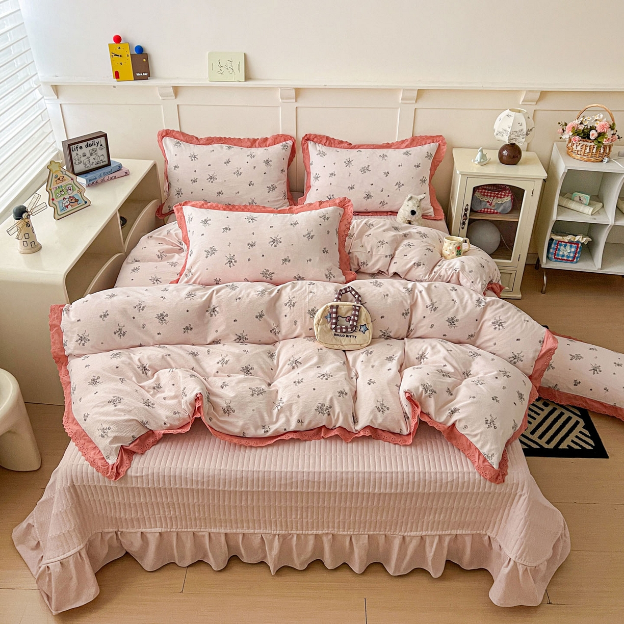 91家纺网 家纺一手货源 找家纺 富米莱（原臻工厂） 2026新款高克重爆款法式全棉纯棉花边四季款加厚色织提花床盖床裙四件套 提花-南法假日