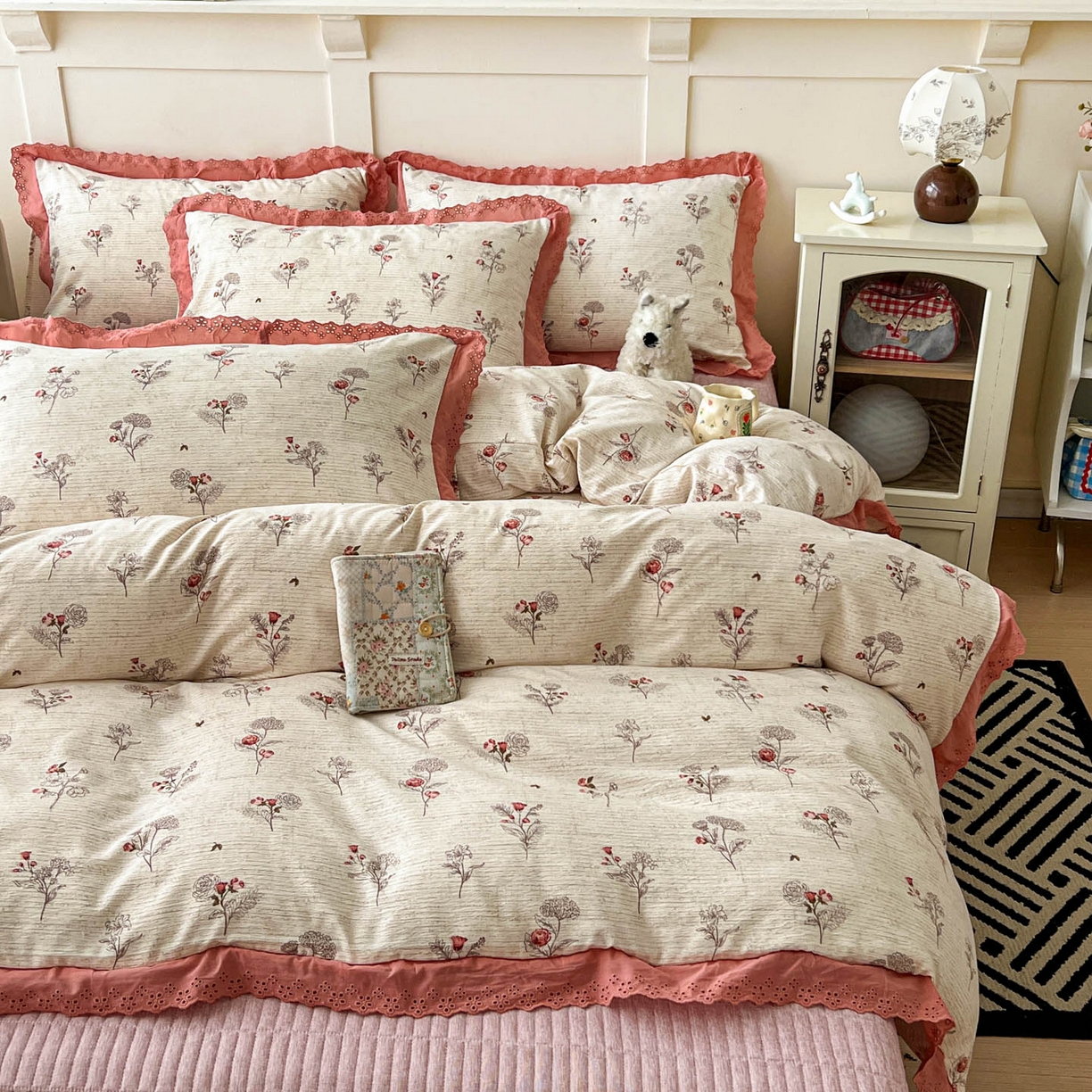 91家纺网 家纺一手货源 找家纺 富米莱（原臻工厂） 2026新款高克重爆款法式全棉纯棉花边四季款加厚色织提花床盖床裙四件套 提花-野蔷薇