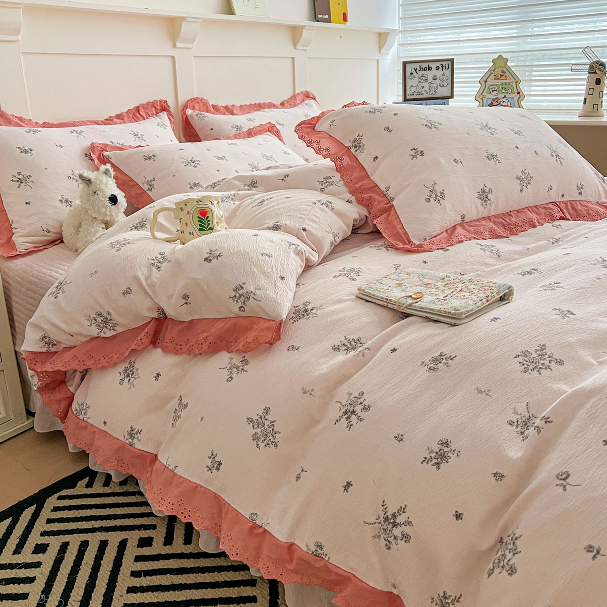 91家纺网 家纺一手货源 找家纺 富米莱（原臻工厂） 2026新款高克重爆款法式全棉纯棉花边四季款加厚色织提花床盖床裙四件套 提花-南法假日