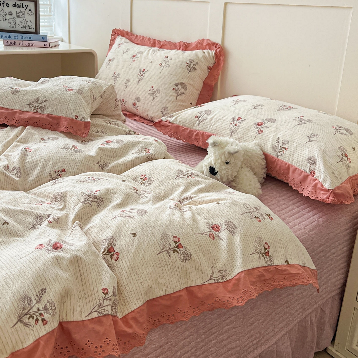 91家纺网 家纺一手货源 找家纺 富米莱（原臻工厂） 2026新款高克重爆款法式全棉纯棉花边四季款加厚色织提花床盖床裙四件套 提花-野蔷薇