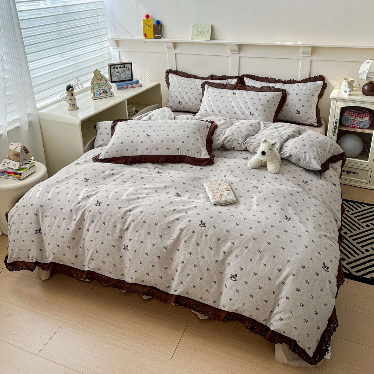 91家纺网 家纺一手货源 找家纺 富米莱（原臻工厂） 2026新款高克重爆款法式全棉纯棉花边四季款加厚色织提花床盖床裙四件套 提花-摇摇马