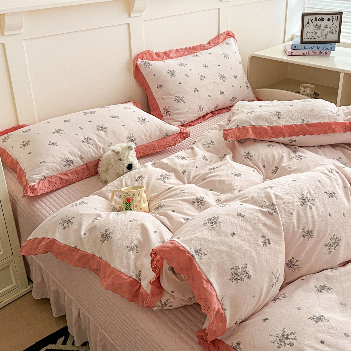 91家纺网 家纺一手货源 找家纺 富米莱（原臻工厂） 2026新款高克重爆款法式全棉纯棉花边四季款加厚色织提花床盖床裙四件套 提花-南法假日