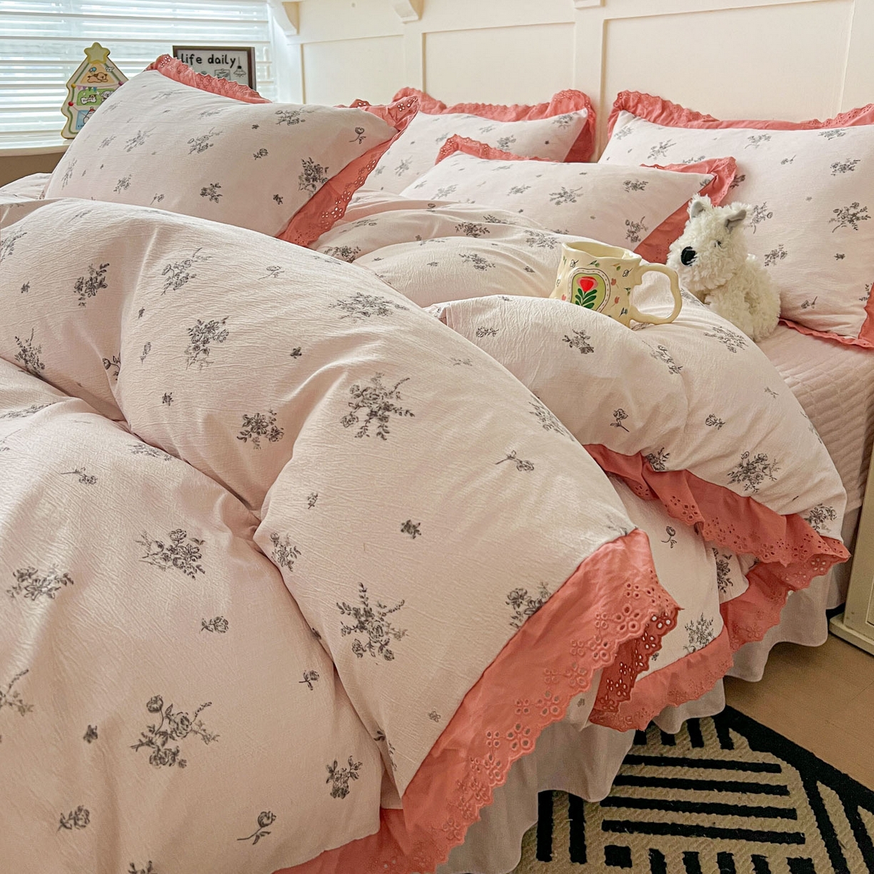 91家纺网 家纺一手货源 找家纺 富米莱（原臻工厂） 2026新款高克重爆款法式全棉纯棉花边四季款加厚色织提花床盖床裙四件套 提花-南法假日