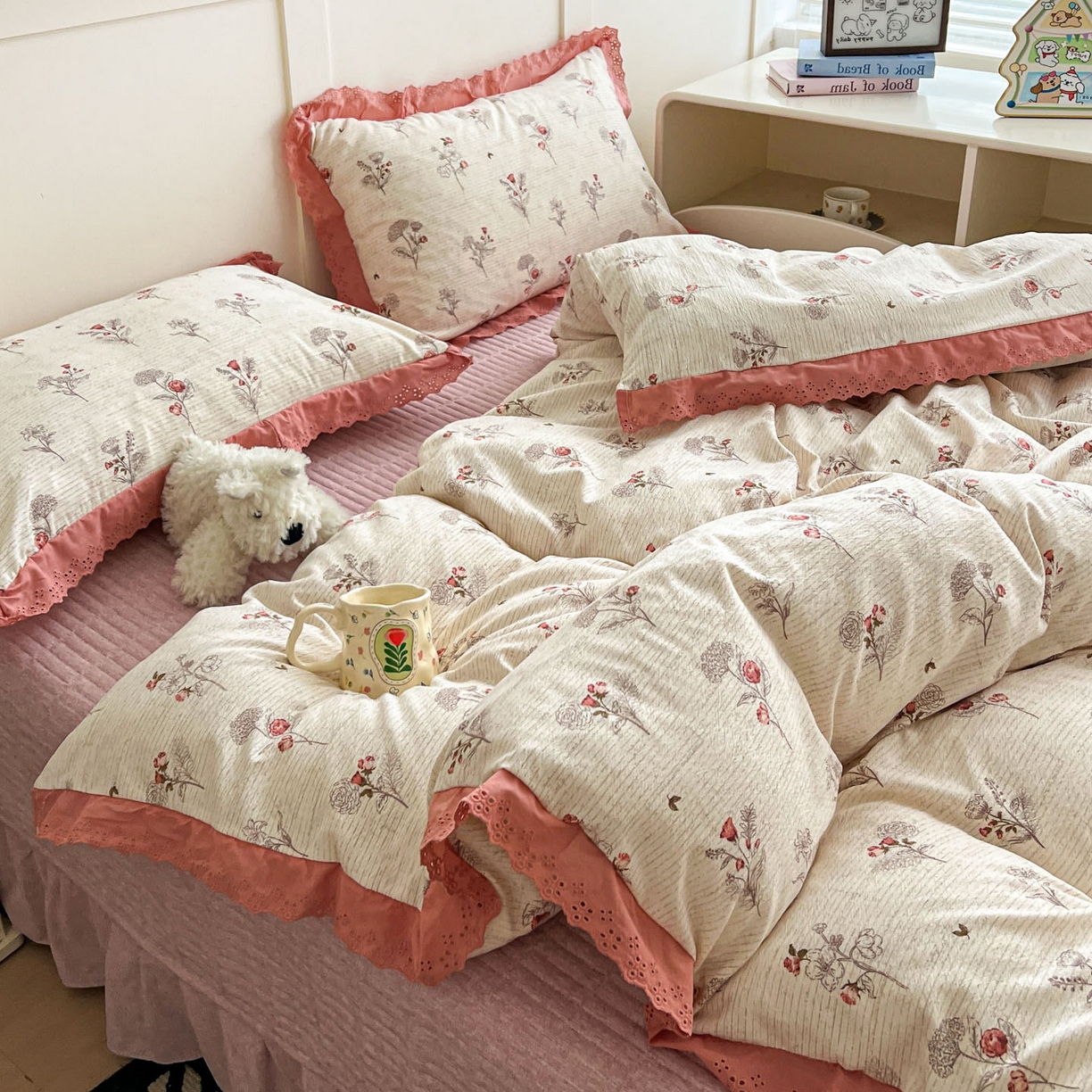 91家纺网 家纺一手货源 找家纺 富米莱（原臻工厂） 2026新款高克重爆款法式全棉纯棉花边四季款加厚色织提花床盖床裙四件套 提花-野蔷薇