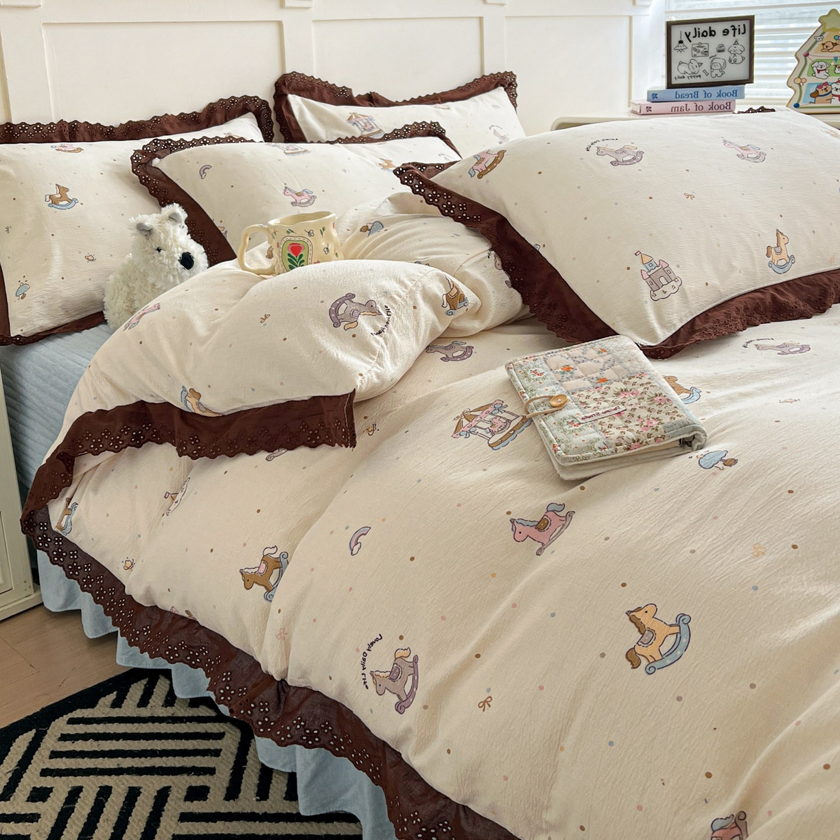 91家纺网 家纺一手货源 找家纺 富米莱（原臻工厂） 2026新款高克重爆款法式全棉纯棉花边四季款加厚色织提花床盖床裙四件套 提花-童梦园