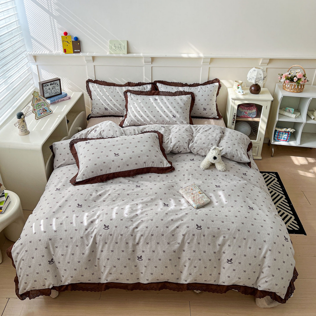 91家纺网 家纺一手货源 找家纺 富米莱（原臻工厂） 2026新款高克重爆款法式全棉纯棉花边四季款加厚色织提花床盖床裙四件套 提花-摇摇马