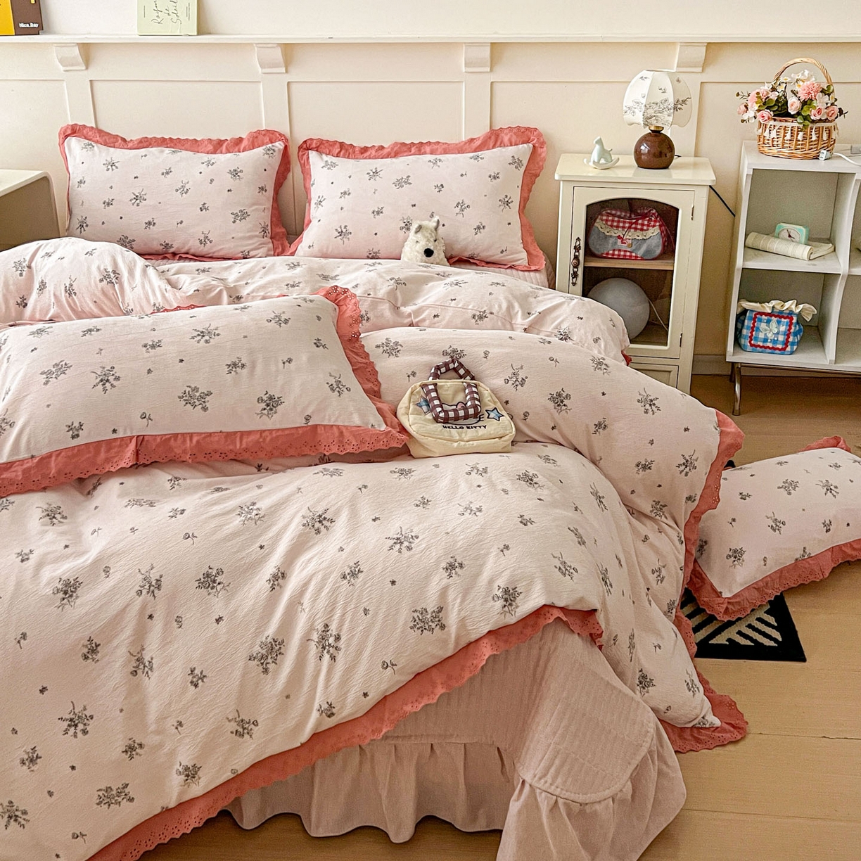 91家纺网 家纺一手货源 找家纺 富米莱（原臻工厂） 2026新款高克重爆款法式全棉纯棉花边四季款加厚色织提花床盖床裙四件套 提花-南法假日