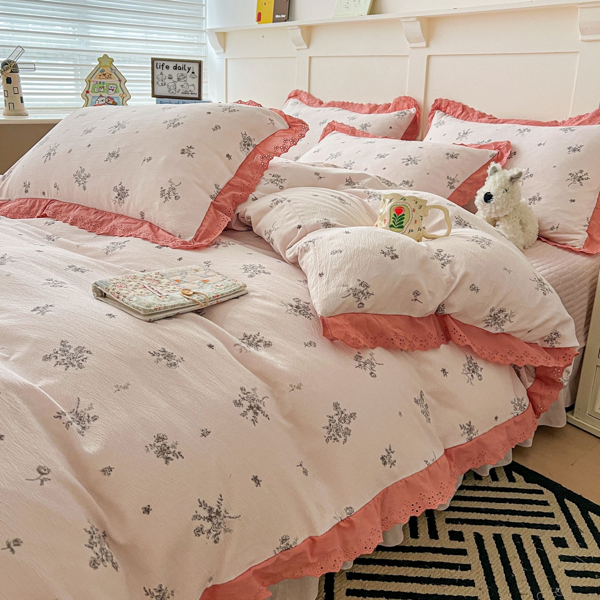 91家纺网 家纺一手货源 找家纺 富米莱（原臻工厂） 2026新款高克重爆款法式全棉纯棉花边四季款加厚色织提花床盖床裙四件套 提花-南法假日