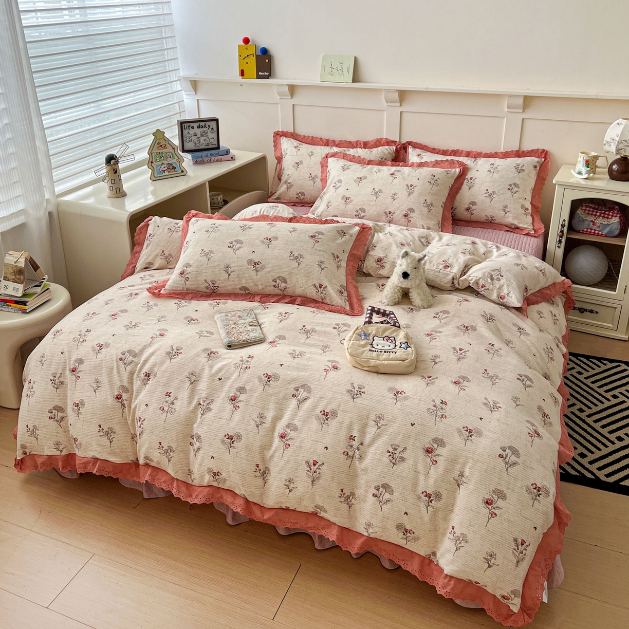 91家纺网 家纺一手货源 找家纺 富米莱（原臻工厂） 2026新款高克重爆款法式全棉纯棉花边四季款加厚色织提花床盖床裙四件套 提花-野蔷薇