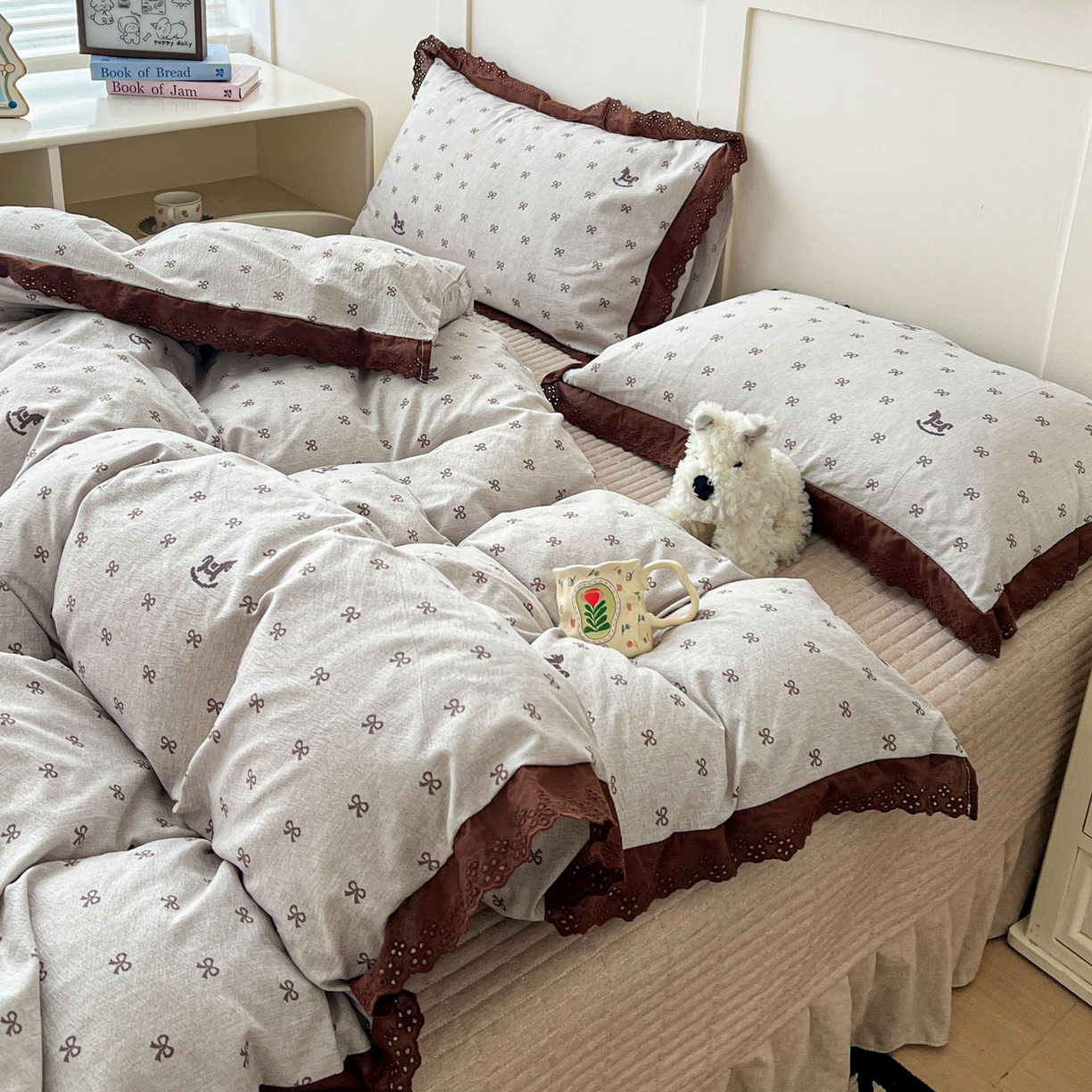 91家纺网 家纺一手货源 找家纺 富米莱（原臻工厂） 2026新款高克重爆款法式全棉纯棉花边四季款加厚色织提花床盖床裙四件套 提花-摇摇马