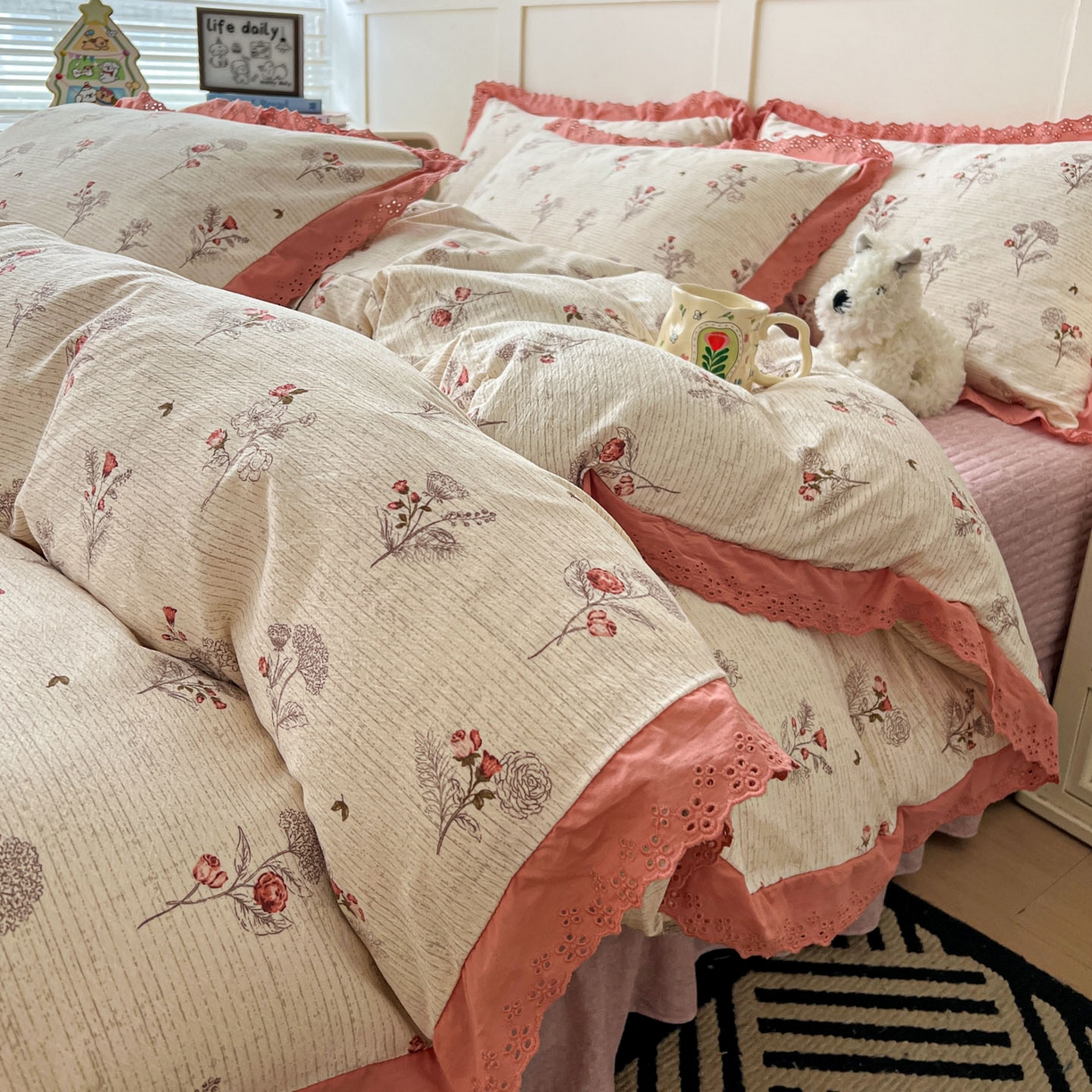 91家纺网 家纺一手货源 找家纺 富米莱（原臻工厂） 2026新款高克重爆款法式全棉纯棉花边四季款加厚色织提花床盖床裙四件套 提花-野蔷薇