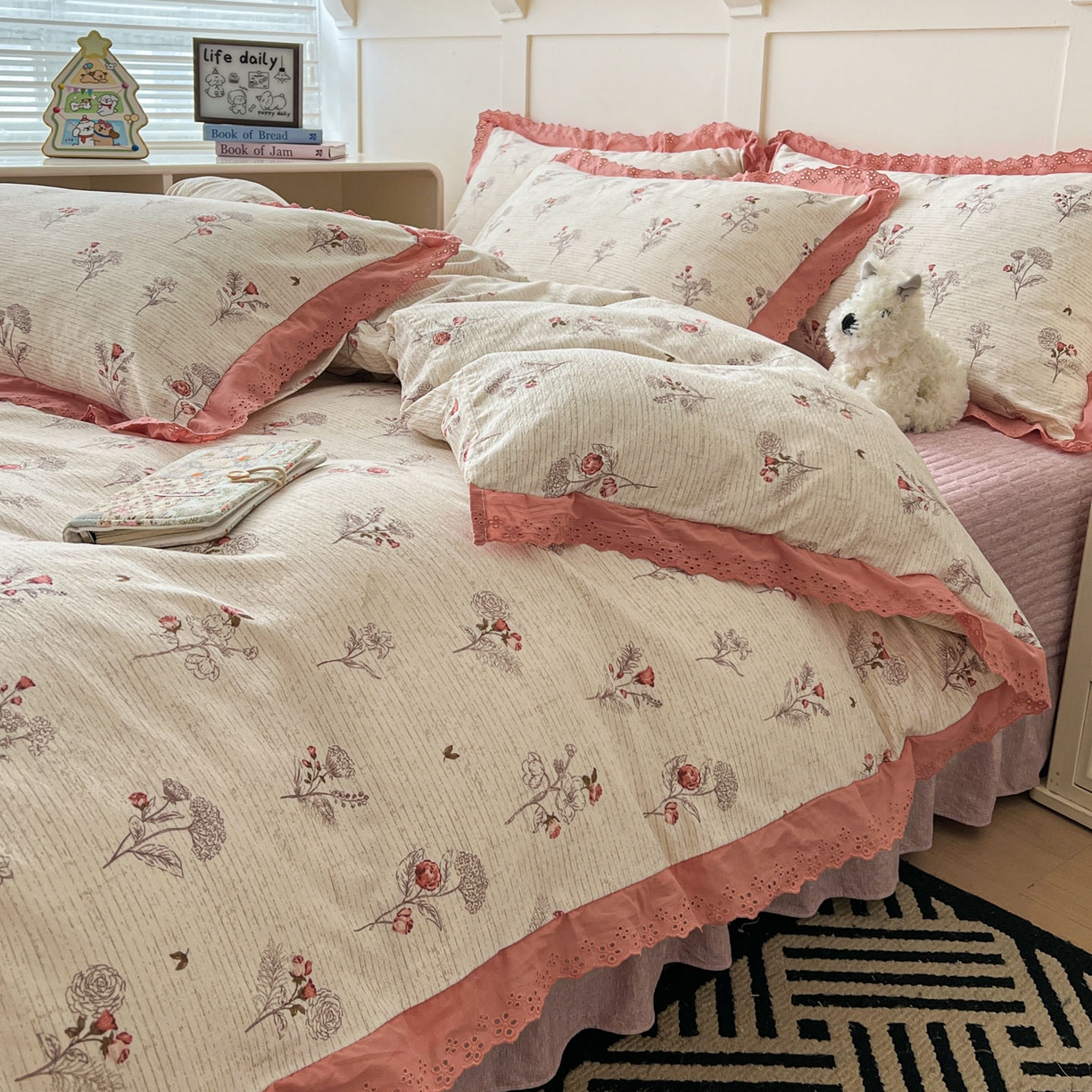 91家纺网 家纺一手货源 找家纺 富米莱（原臻工厂） 2026新款高克重爆款法式全棉纯棉花边四季款加厚色织提花床盖床裙四件套 提花-野蔷薇