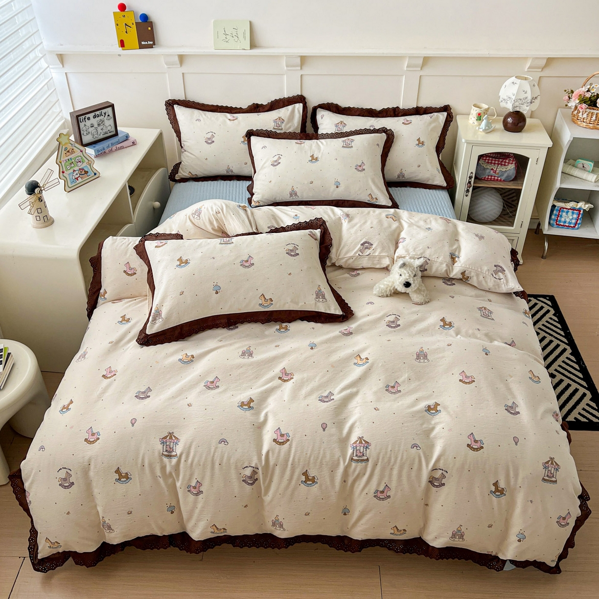 91家纺网 家纺一手货源 找家纺 富米莱（原臻工厂） 2026新款高克重爆款法式全棉纯棉花边四季款加厚色织提花床盖床裙四件套 提花-童梦园