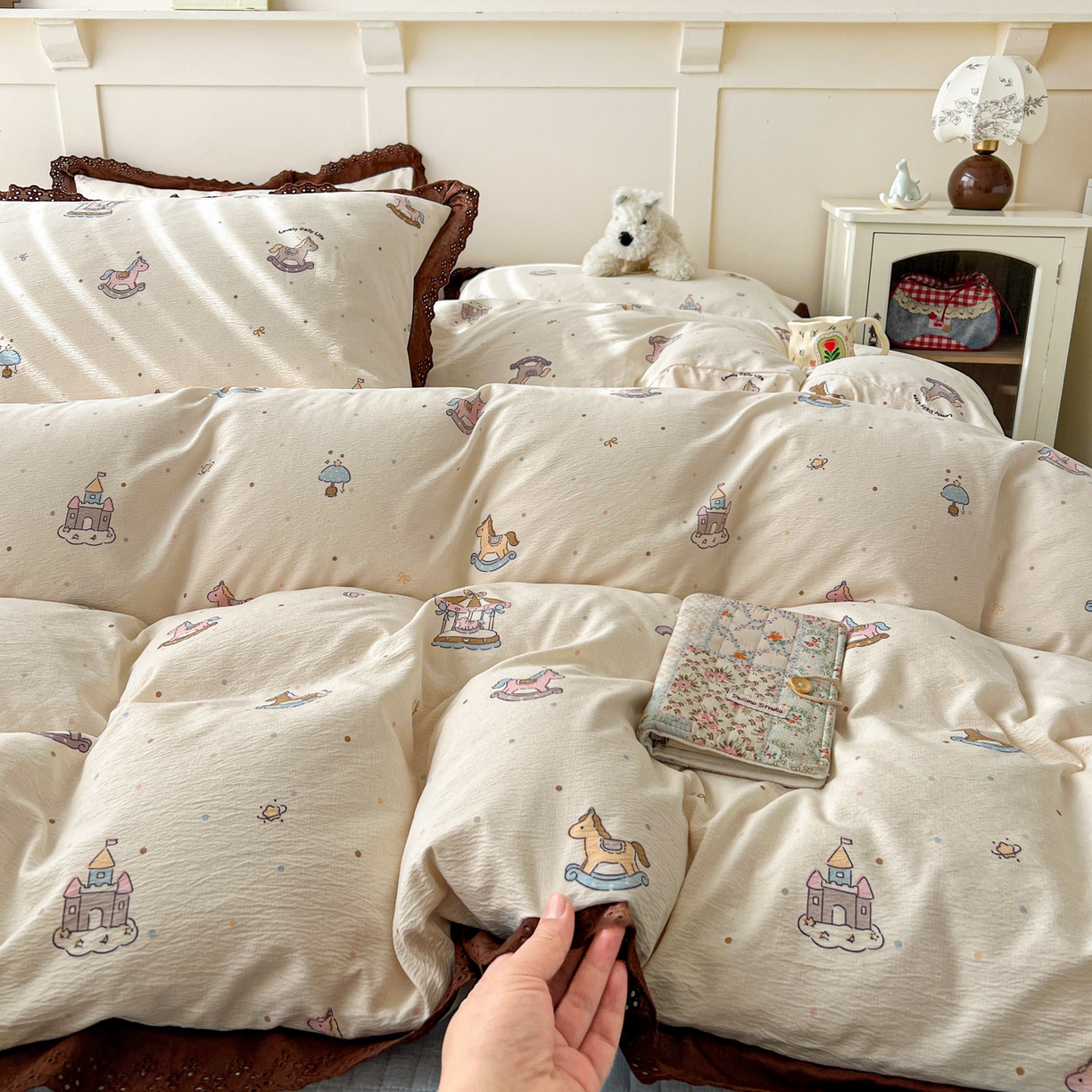 91家纺网 家纺一手货源 找家纺 富米莱（原臻工厂） 2026新款高克重爆款法式全棉纯棉花边四季款加厚色织提花床盖床裙四件套 提花-童梦园