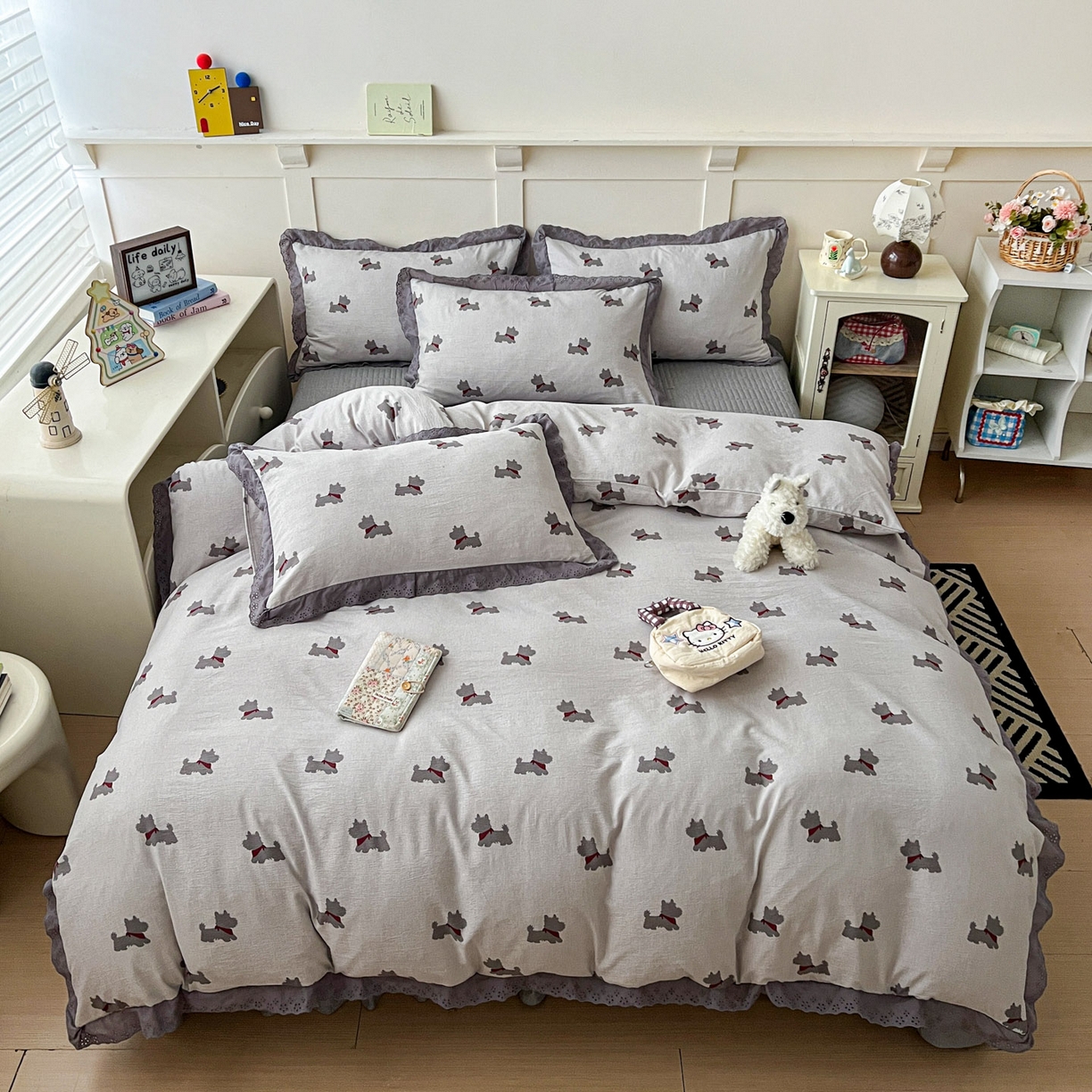 91家纺网 家纺一手货源 找家纺 富米莱（原臻工厂） 2026新款高克重爆款法式全棉纯棉花边四季款加厚色织提花床盖床裙四件套 提花-汪星人