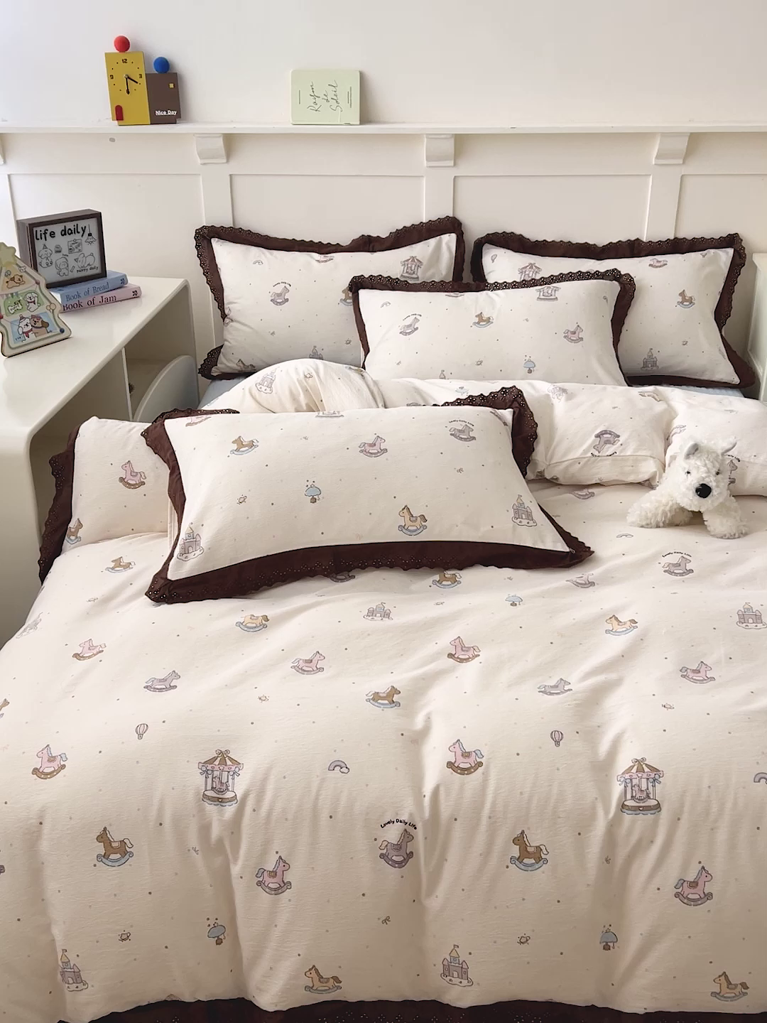 91家纺网 家纺一手货源 找家纺 富米莱（原臻工厂） 2026新款高克重爆款法式全棉纯棉花边四季款加厚色织提花床盖床裙四件套 提花-童梦园