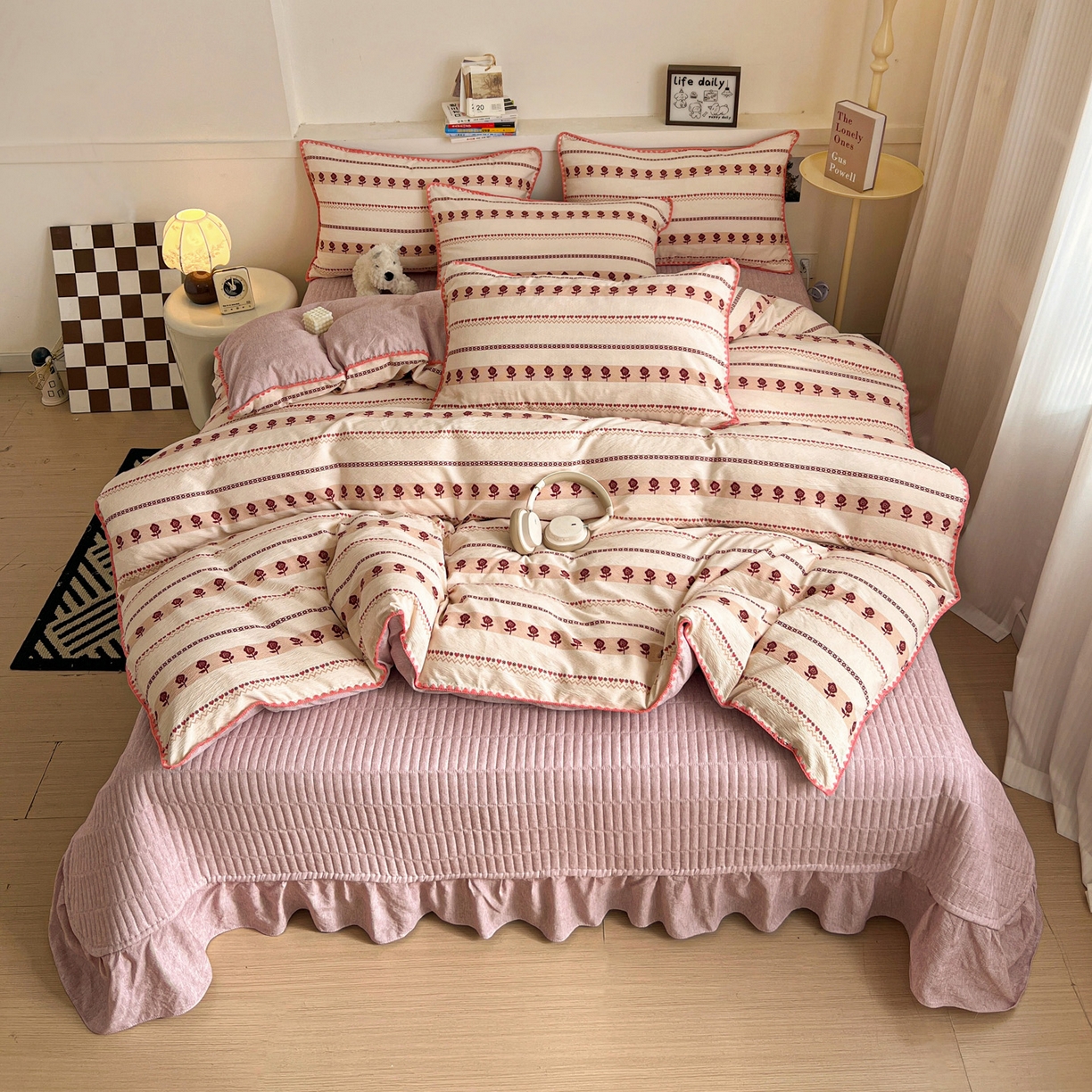 91家纺网 家纺一手货源 找家纺 （总）富米莱（原臻工厂） 2026春夏新款色织提花贝壳边床盖床裙四件套