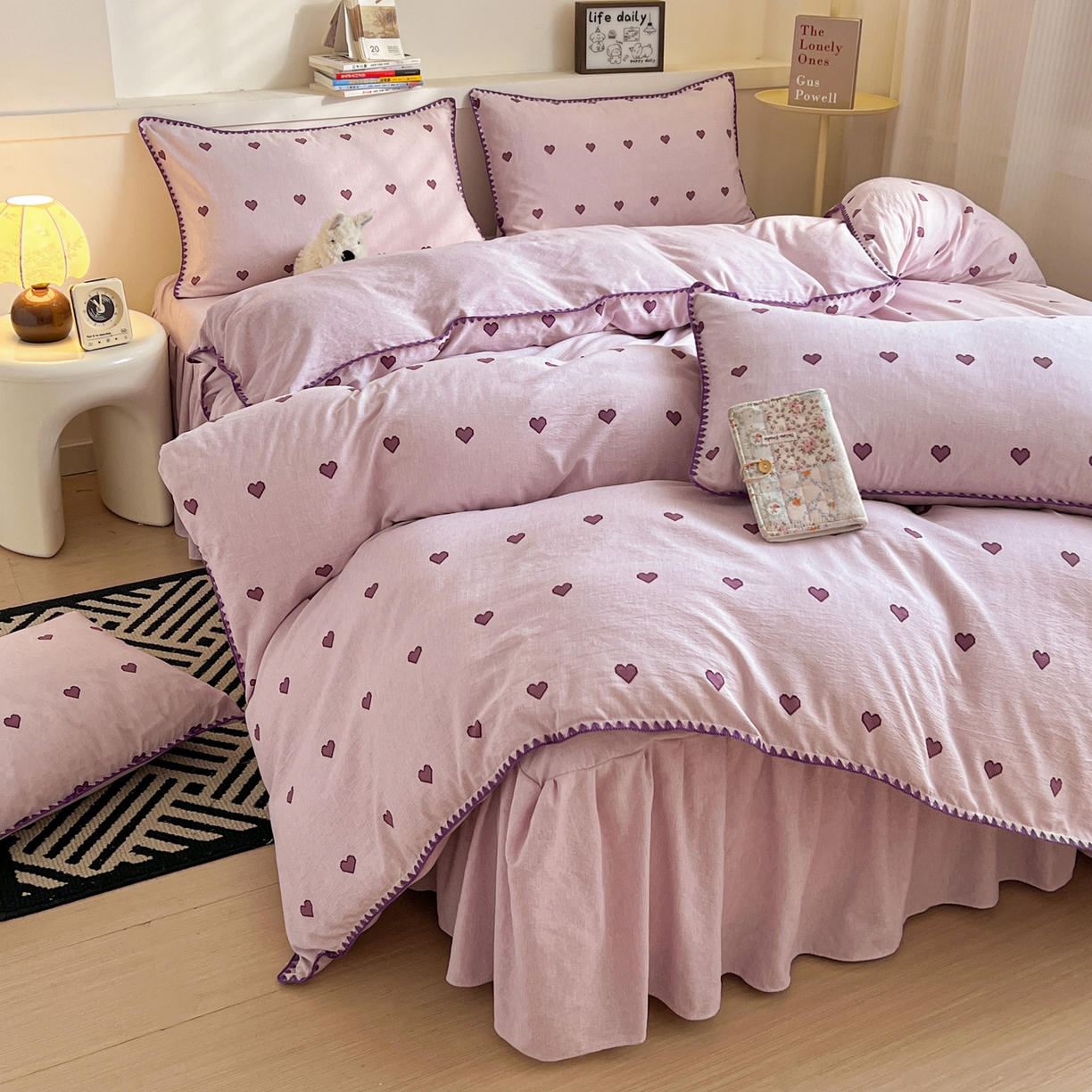 富米莱（原臻工厂） 2026春夏新款色织提花贝壳边床盖床裙四件套 贝壳边-紫爱心