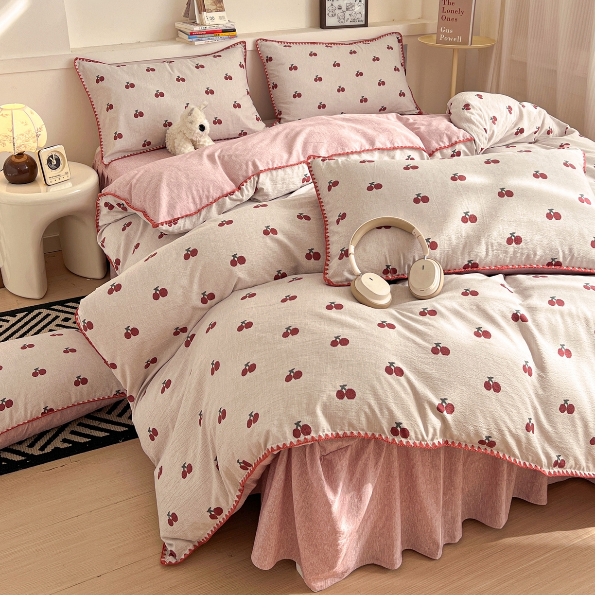 富米莱（原臻工厂） 2026春夏新款色织提花贝壳边床盖床裙四件套 贝壳边-红樱桃