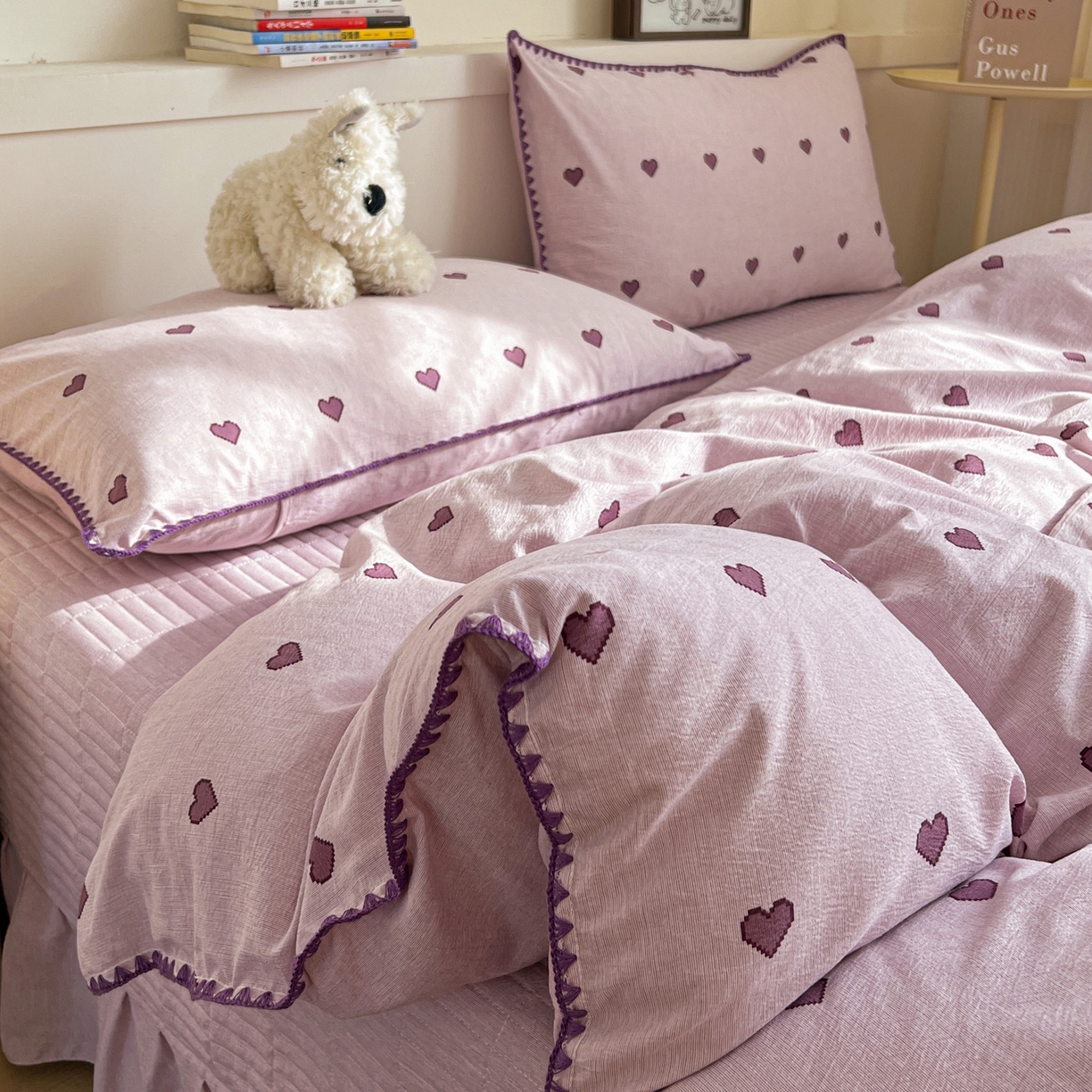 91家纺网 家纺一手货源 找家纺 富米莱（原臻工厂） 2026春夏新款色织提花贝壳边床盖床裙四件套 贝壳边-紫爱心