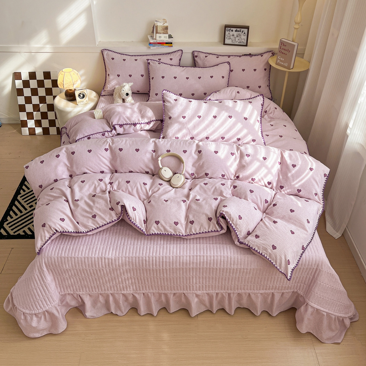 91家纺网 家纺一手货源 找家纺 富米莱（原臻工厂） 2026春夏新款色织提花贝壳边床盖床裙四件套 贝壳边-紫爱心