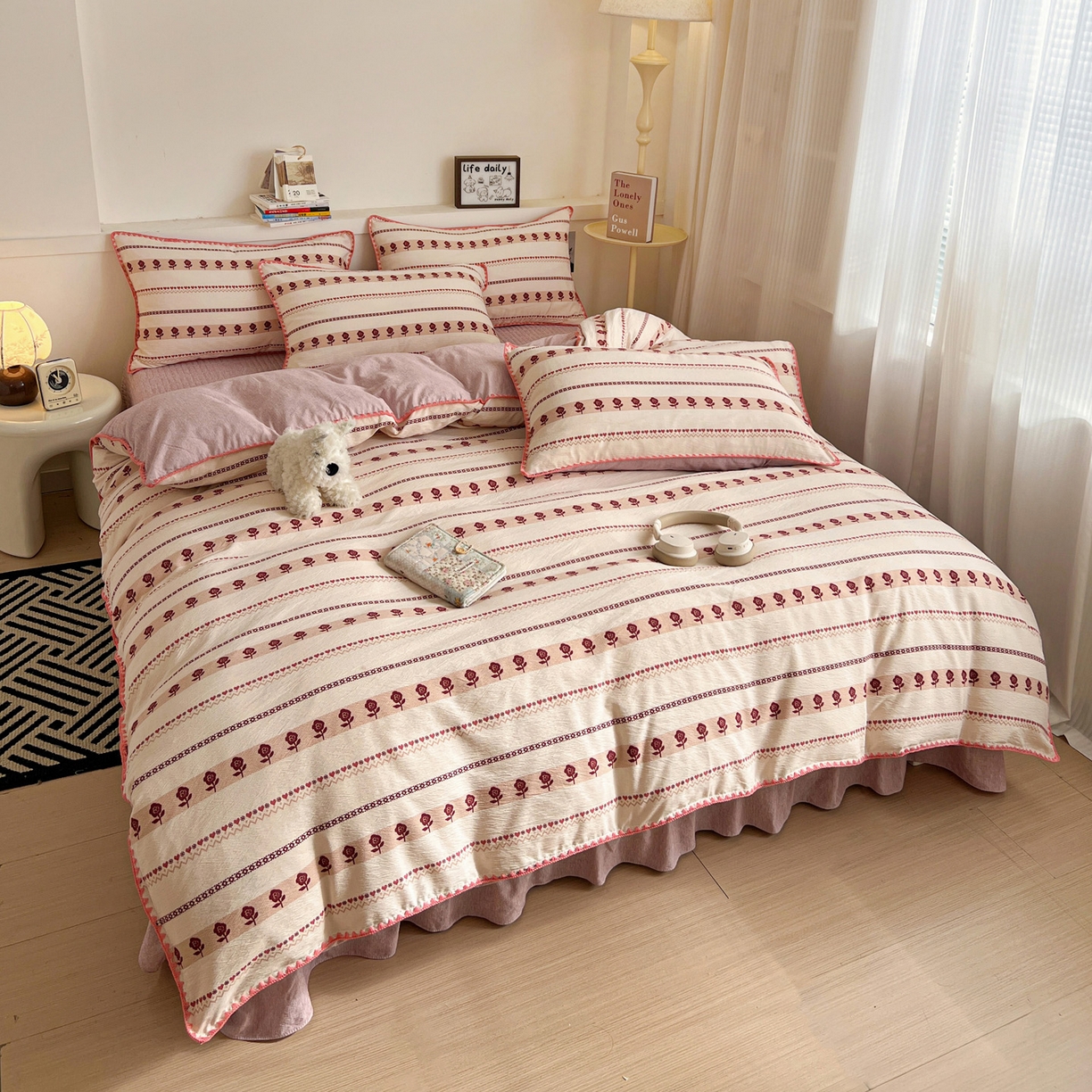 91家纺网 家纺一手货源 找家纺 富米莱（原臻工厂） 2026春夏新款色织提花贝壳边床盖床裙四件套 贝壳边-复古玫瑰