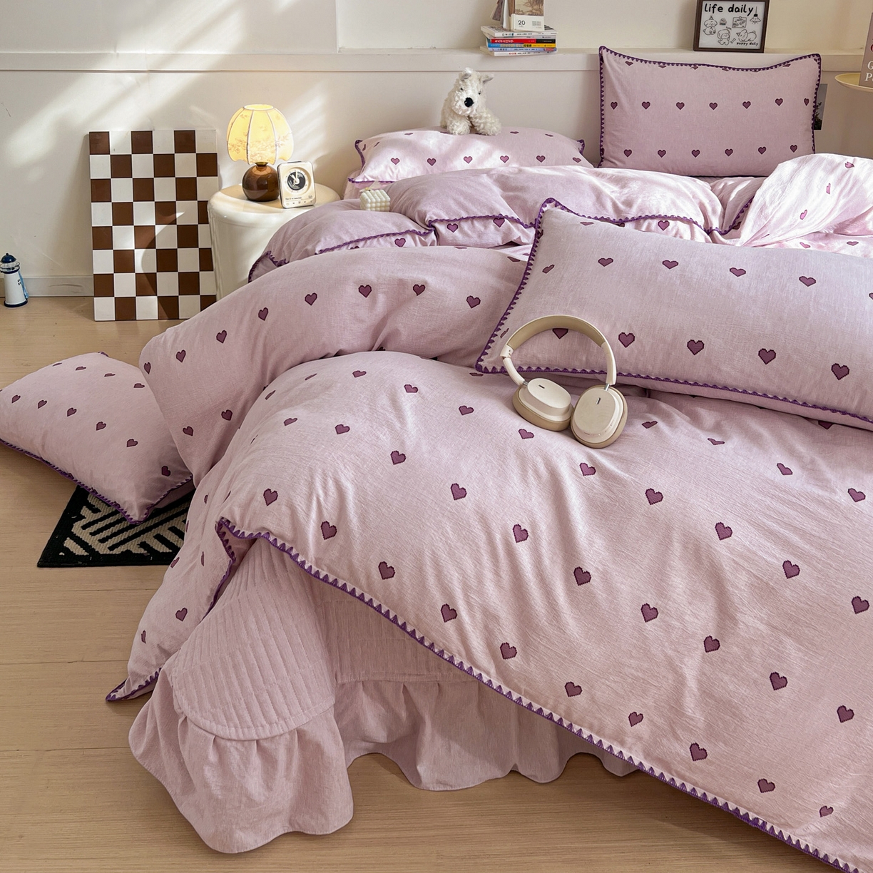 91家纺网 家纺一手货源 找家纺 富米莱（原臻工厂） 2026春夏新款色织提花贝壳边床盖床裙四件套 贝壳边-紫爱心