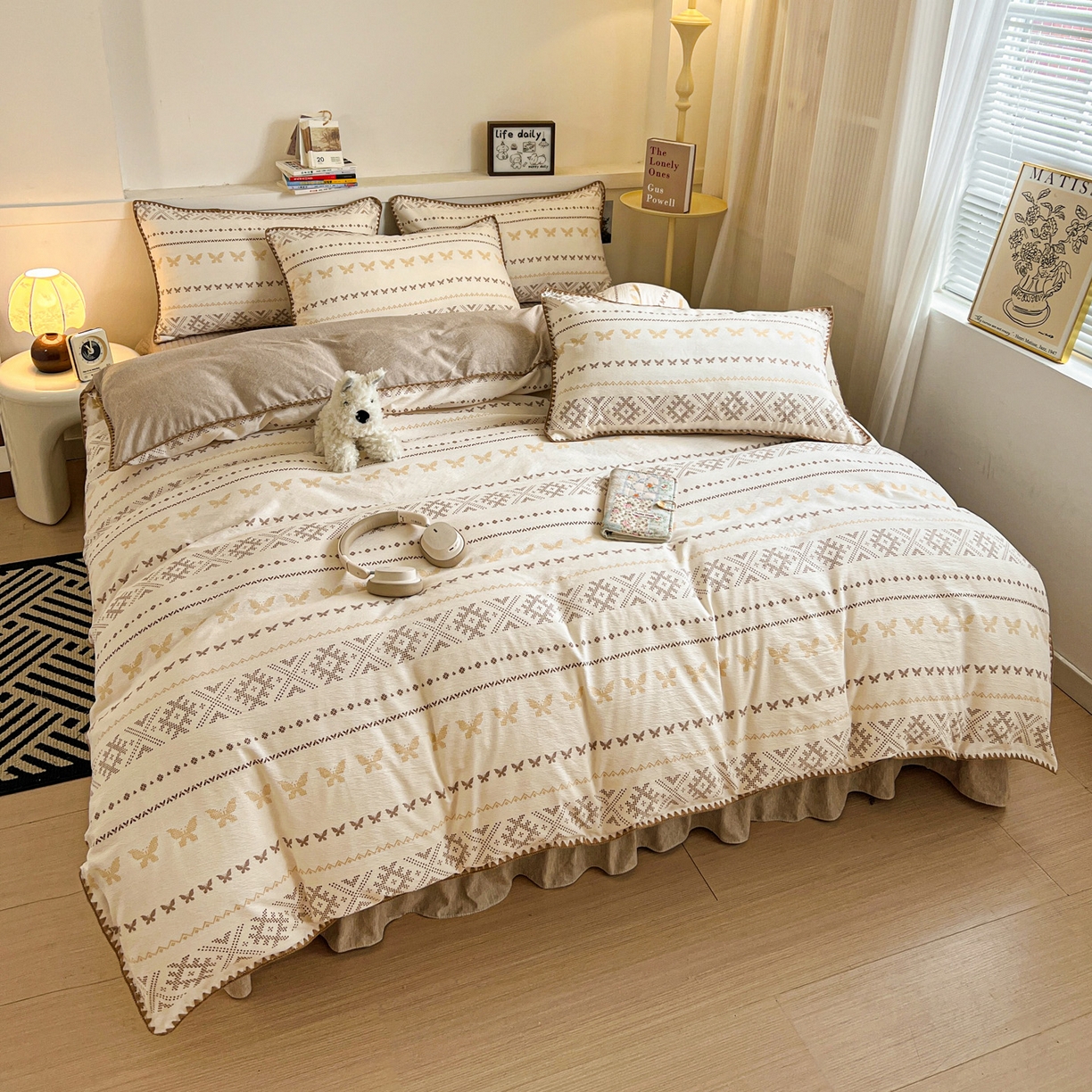 91家纺网 家纺一手货源 找家纺 富米莱（原臻工厂） 2026春夏新款色织提花贝壳边床盖床裙四件套 贝壳边-森屿